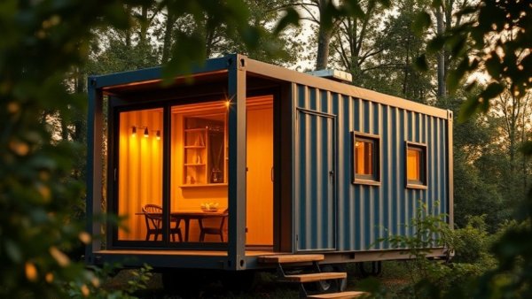 Amazon Tiny House with modern shipping container design and evening lighting.