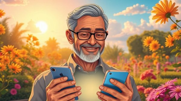 Cartoon style image of digital memory therapy in a serene garden setting.