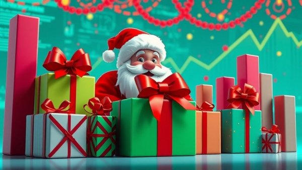 Holiday marketing trends with Santa and gifts in a festive setting.