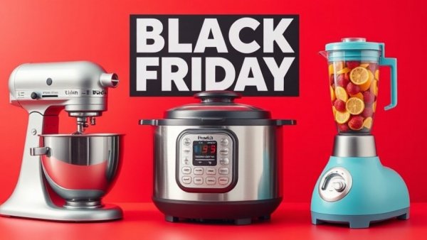 Colorful kitchen appliances on a red background for Black Friday appliance deals.