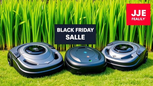 Modern robot mowers with Black Friday deals banner on green grass.