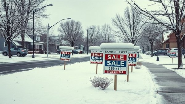 Wintery view of snow-covered for sale signs highlighting real estate opportunities, variable-rate mortgages.
