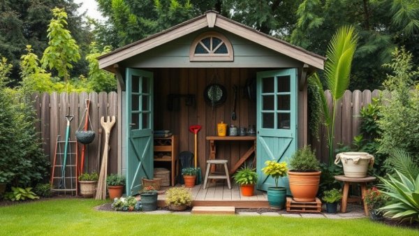 Charming garden shed with organized tools and vibrant plants, items that don't belong in your shed.