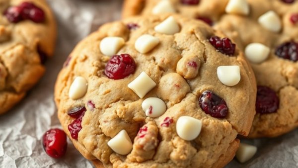 Healthy white chocolate cranberry cookies on parchment.