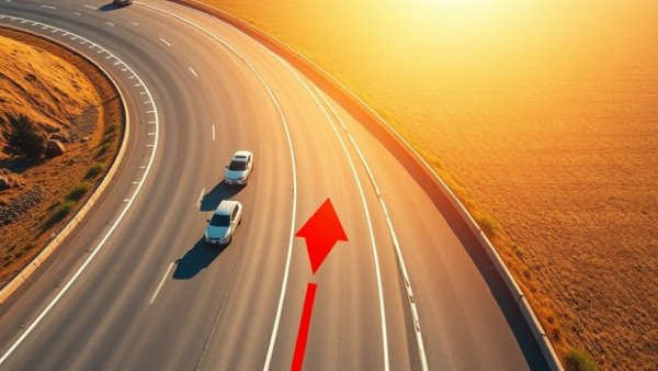 Aerial highway view showing passing lane with red arrow indication.