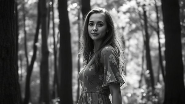 Serene woman in floral dress in forest, women's health services near Wall Township.