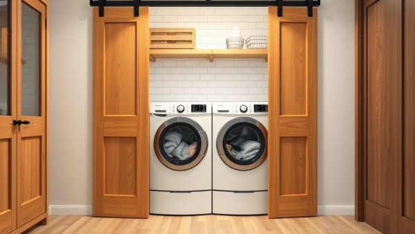 Modern laundry room with washer and dryer setup, highlighting organization.