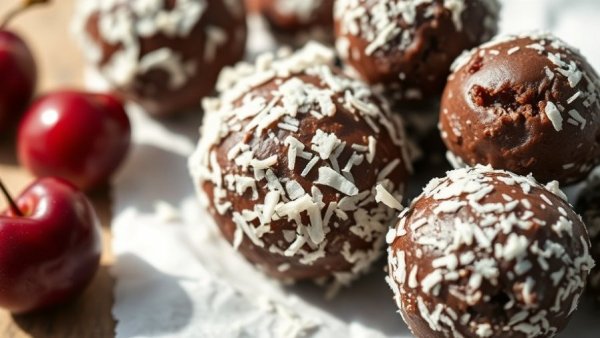 Chocolate cherry energy bites covered in coconut, arranged on parchment.
