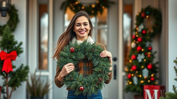 Joyful woman with wreath at a festive decorated entrance, cozy December rituals.