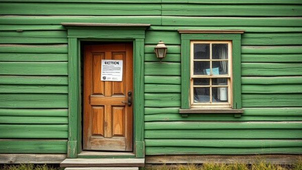 Eviction notice on condemned house door with green siding.