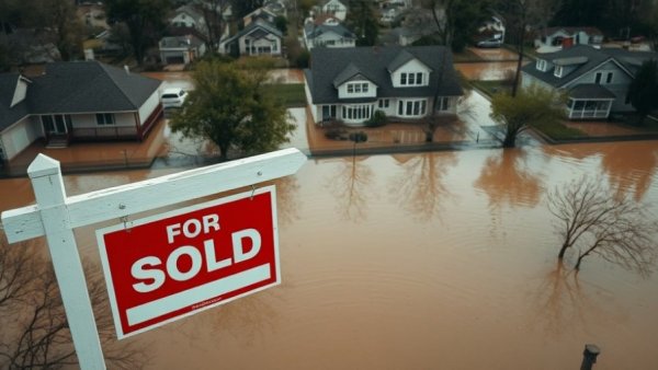 Flooded area with 'House for Sale' sign, highlighting Zillow climate data removal.