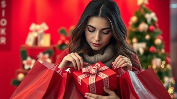 Early Christmas shopping saves money; woman arranges gifts in bags.