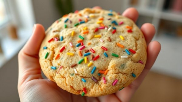 Colorful protein powder sugar cookie with sprinkles close-up.