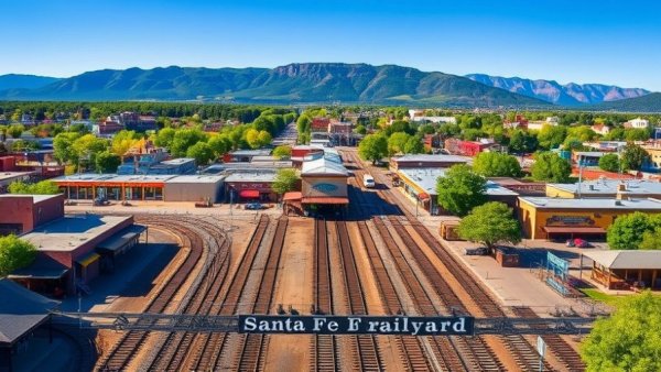 Aerial view of Santa Fe Railyard and surroundings with mountains.