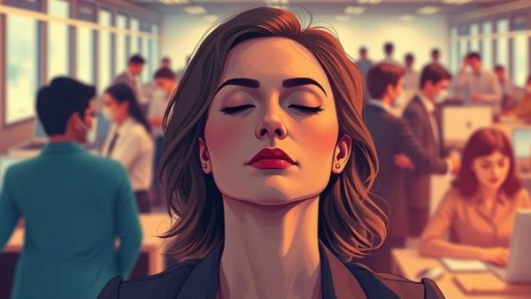 Calm woman meditating in a busy office, workplace trauma recovery theme.