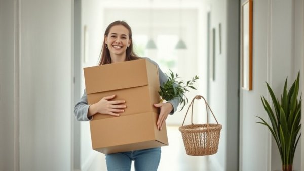 Woman moving boxes efficiently in hallway, efficient move packing strategies.