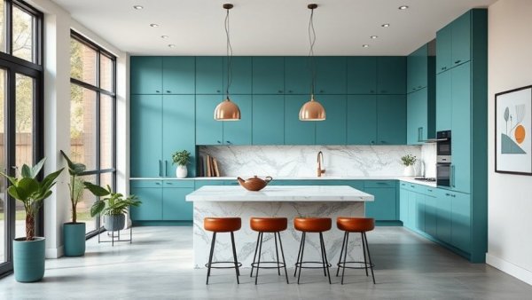 Luxury properties Jupiter Intracoastal kitchen with teal accents and marble island.