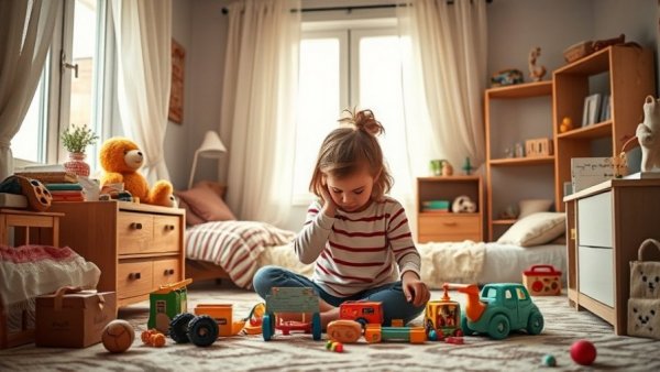 Family organizing belongings in children's room, emotional about selling property.