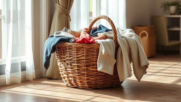 Woven basket with clothes near window for upcycled storage ideas.