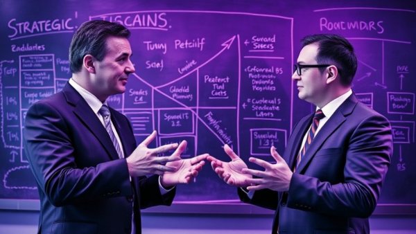 Businessmen in strategic discussion against chalkboard in duotone.