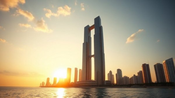 Skyscrapers at sunset on calm Gold Coast oceanfront.