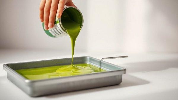 Person pouring green Zero-VOC paint into a roller tray indoors.