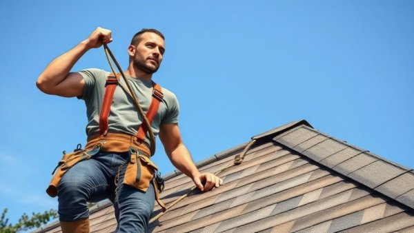 Worker using best tool belt suspenders on roof with blue sky.