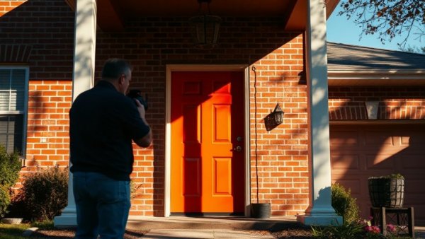 Man taking photo of red-brick house entrance, staging your house for photos