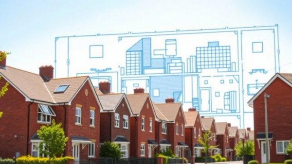 Suburban brick houses against blueprints illustrating financial independence through real estate.