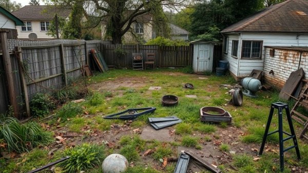 Australia's cheapest home potential with overgrown yard and debris.