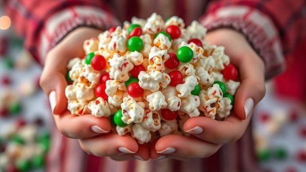 Festive Christmas popcorn recipe with red and green candies.