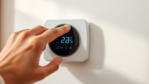 Hand adjusting digital thermostat on wall for thermostat settings for every season.