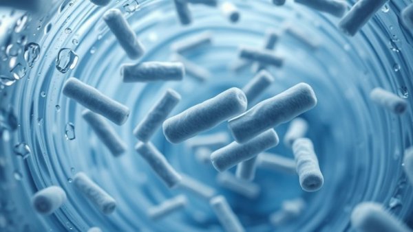 Microscopic gut bacteria illustration promoting serotonin production.