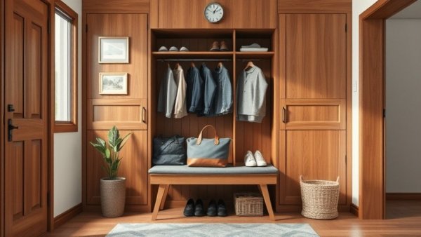 High-functioning home entryway with wooden storage.