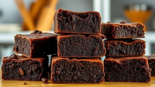 Fudgy cottage cheese brownies stacked, rich texture.