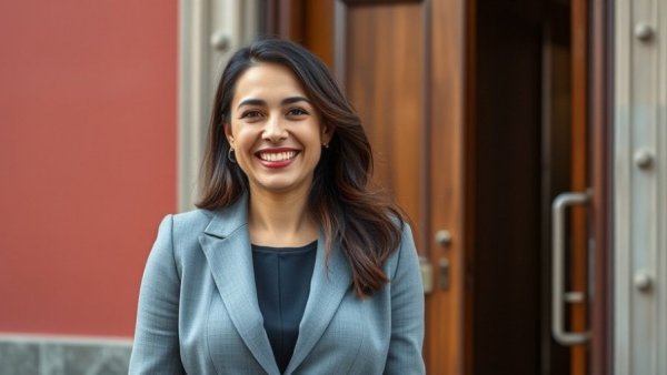 Confident woman exiting building related to Letitia James indictment news
