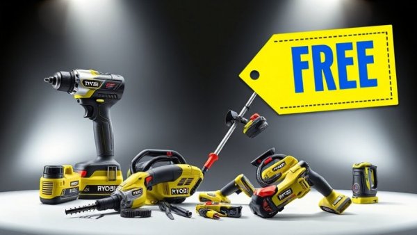 Buy a Battery Kit, Get a Free Ryobi Tool offer with tools displayed.