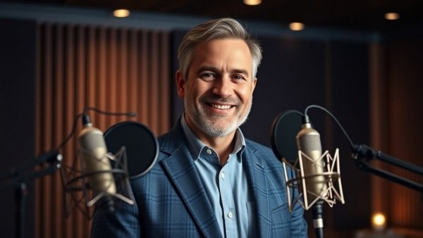 Mature man in studio with podcast microphones, podcasts agents should be listening to.