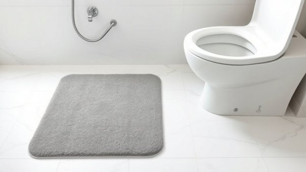 Gray diatomaceous earth bath mat in modern bathroom with marble floor.
