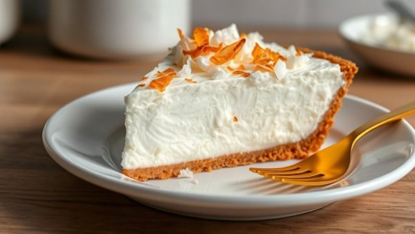 Slice of high protein coconut cream pie with toasted flakes.