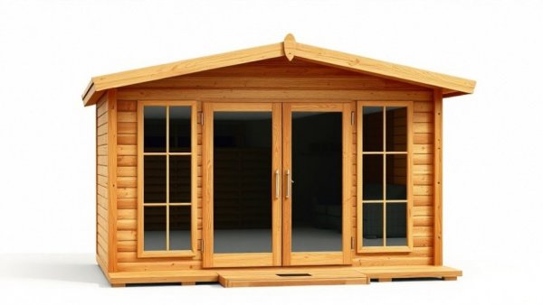 DIY Wooden Storage Shed with large windows and double doors on patterned background.