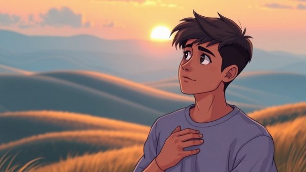 Serene landscape with contemplative young man reflecting on kindness.