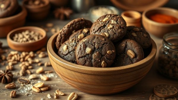 Chocolate slice-and-bake cookies with nuts in a rustic setting.