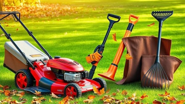 Essential tools for leaf cleanup include mower, blower, rake, gloves, and tarp.