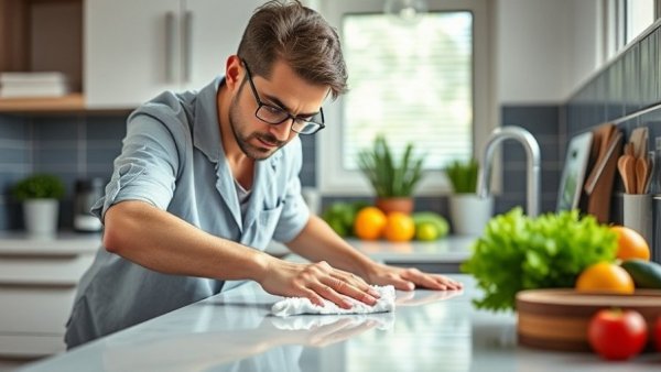 Person cleaning kitchen counter with clever stain solutions.
