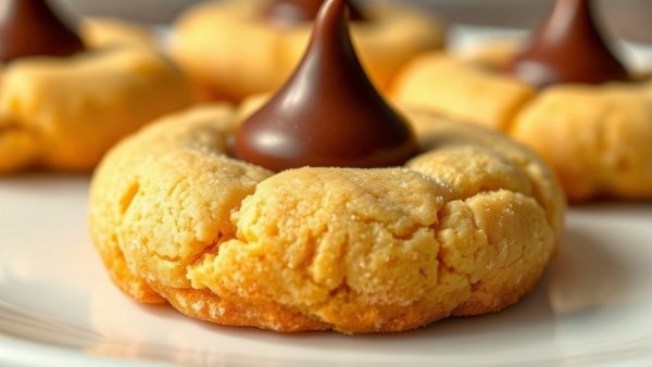 Flourless peanut butter blossom cookie with chocolate kiss.
