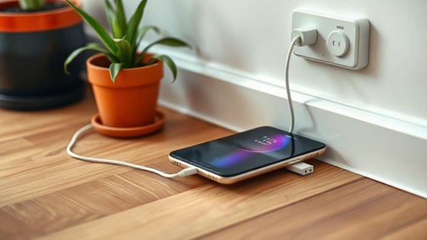 Smartphone charging on table next to plant