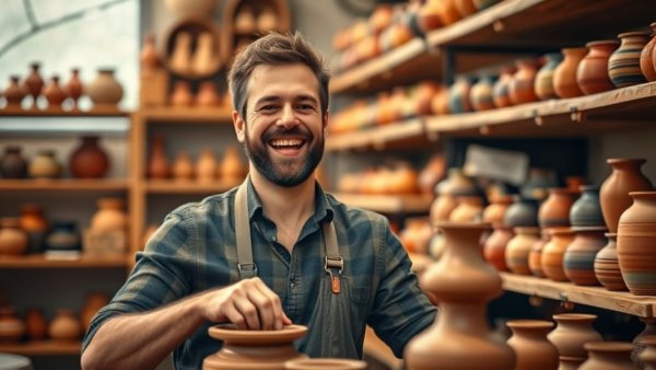 Creative potter crafting pottery in a vibrant studio, Power of Imperfect Work.