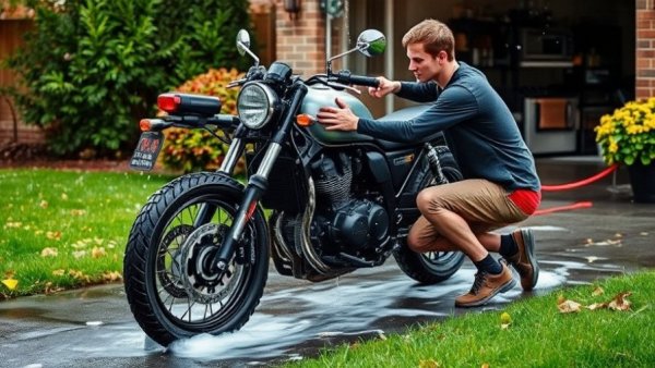 Man washing motorcycle in driveway to winterize it