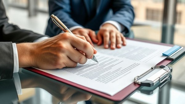 Close-up of hands signing documents at closing meeting.